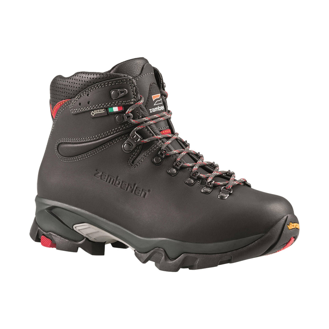 Dark gray leather hiking boot with red accents, speed hooks, and lugged sole