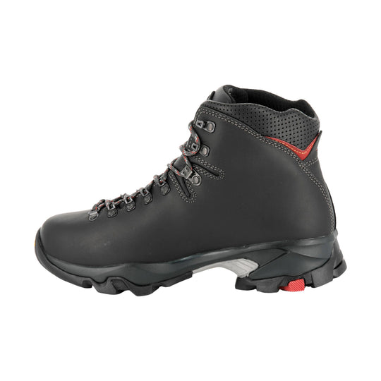 Black lace-up hiking boot with red accents and a rugged treaded sole, shown in side view