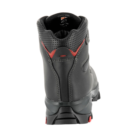 Black hiking boot viewed from the back, with red trim, perforated padded collar, and rugged lug sole