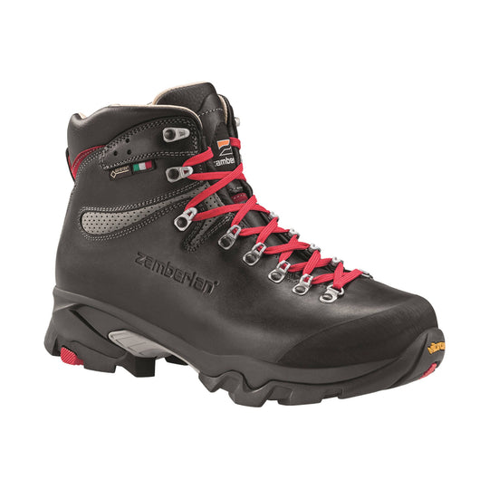 Black leather hiking boot with red laces and a rugged lug sole, shown in side view