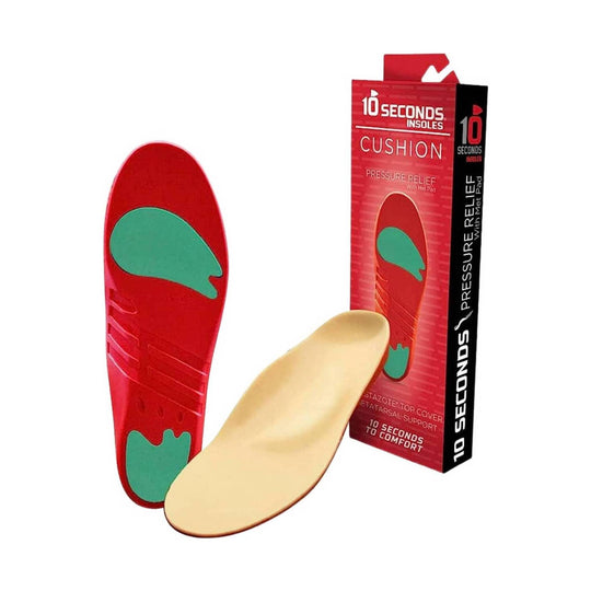 Red and teal cushioned insole with beige top cover, shown with product box