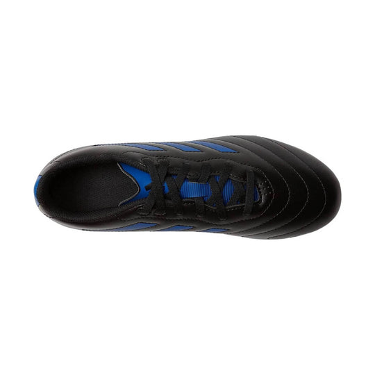 Black soccer cleat with blue accents, top view
