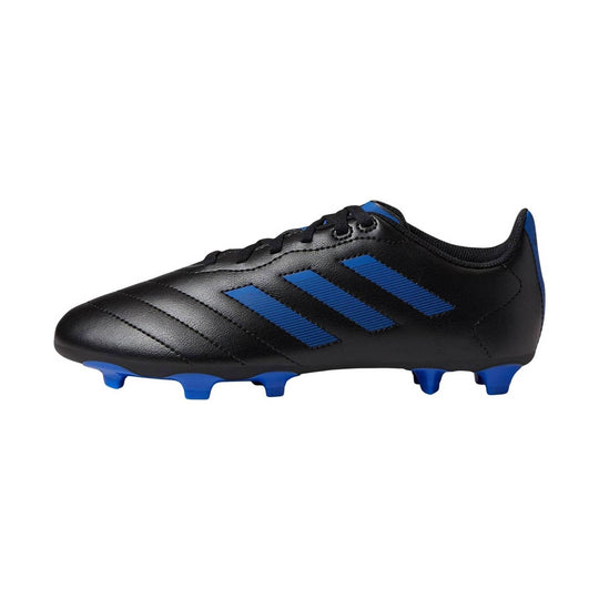 Black soccer cleat with blue stripes and blue studs, side view