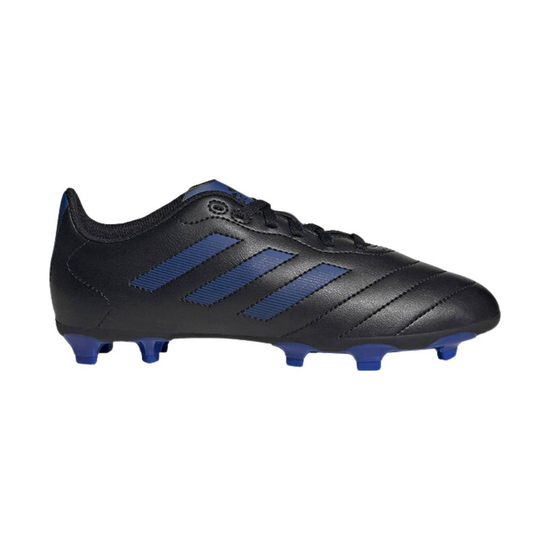 Black soccer cleat with blue stripes and blue molded studs, side view