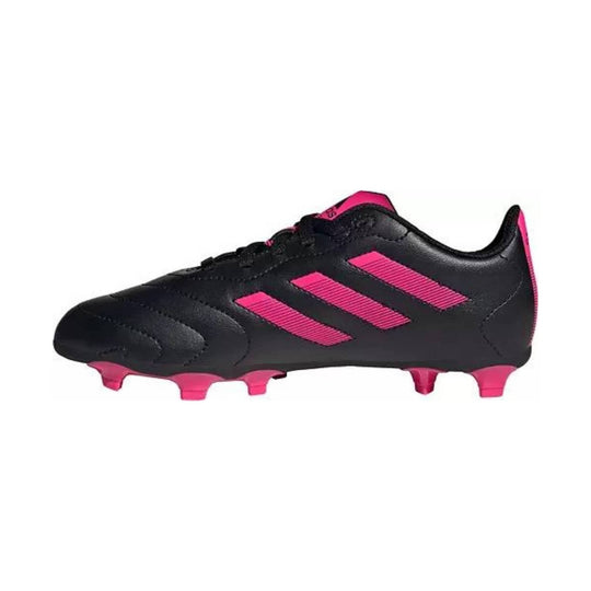 Black soccer cleat with pink stripes, pink heel accents, and molded studs