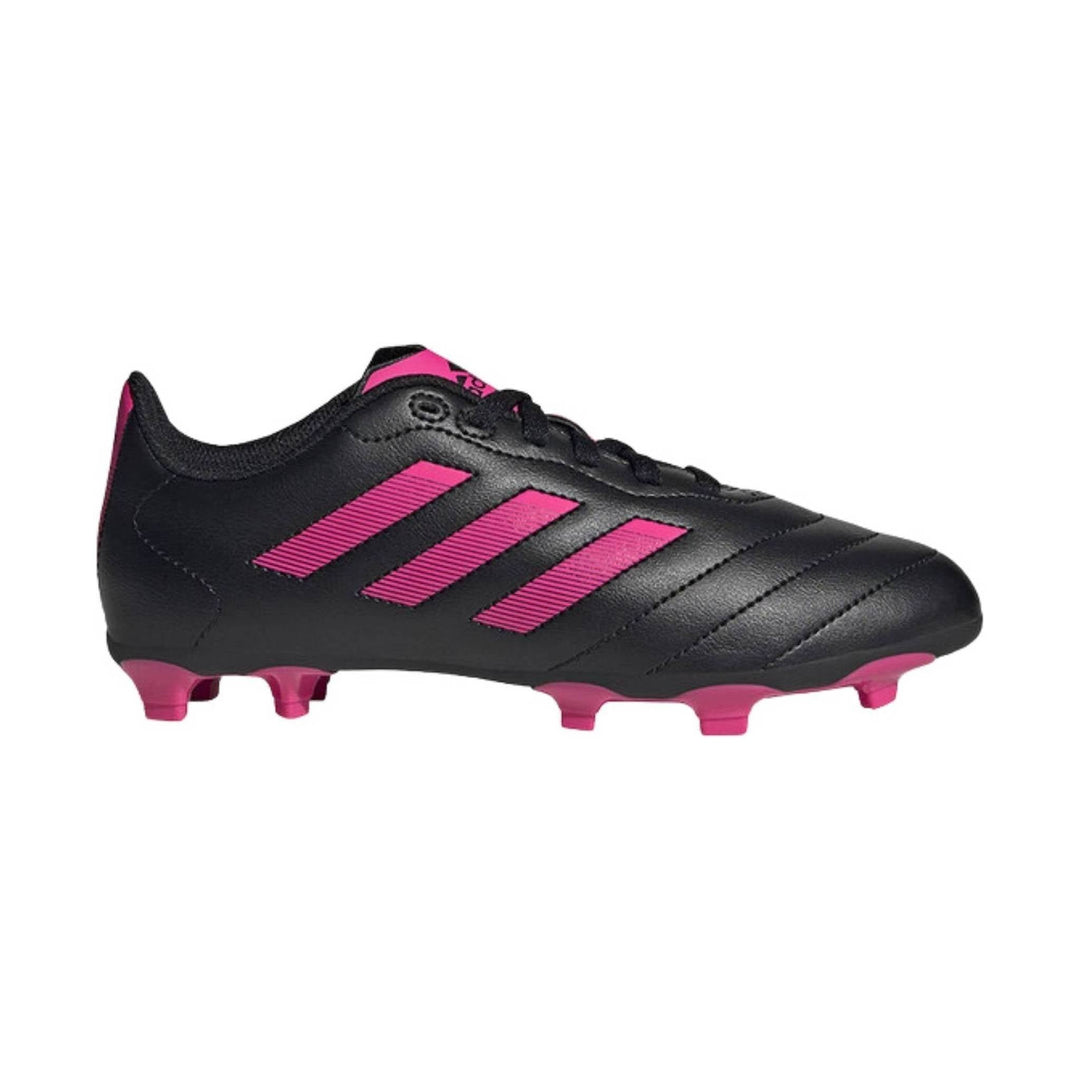 Black soccer cleat with pink stripes, pink heel tab, and pink studs, shown in side view