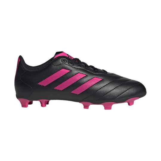Black soccer cleat with pink stripes, pink heel tab, and pink studs, shown in side view
