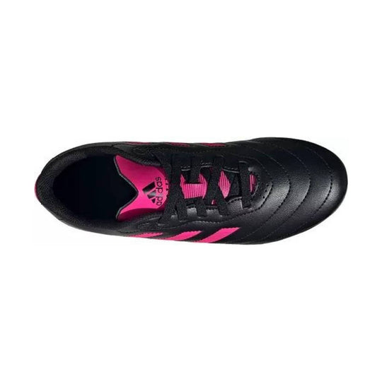 Black soccer cleat with pink accents and laces, shown from above
