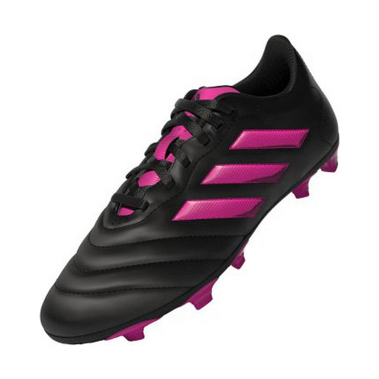 Black soccer cleat with bright pink side stripes and pink outsole studs