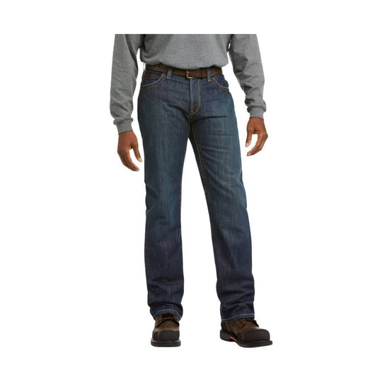 Relaxed-fit dark blue boot-cut jeans with brown belt, shown with grey long-sleeve top and work boots