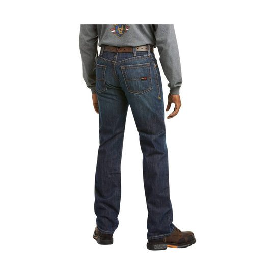 Dark blue relaxed-fit boot-cut jeans shown from the back