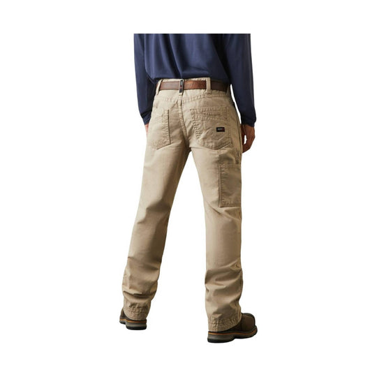 Khaki boot-cut work pants with back pockets and cargo pocket, shown from the back