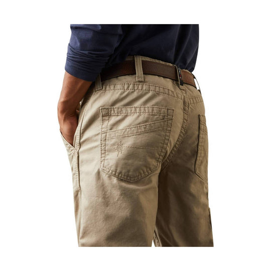 Khaki boot-cut work pants with back pockets and a brown belt
