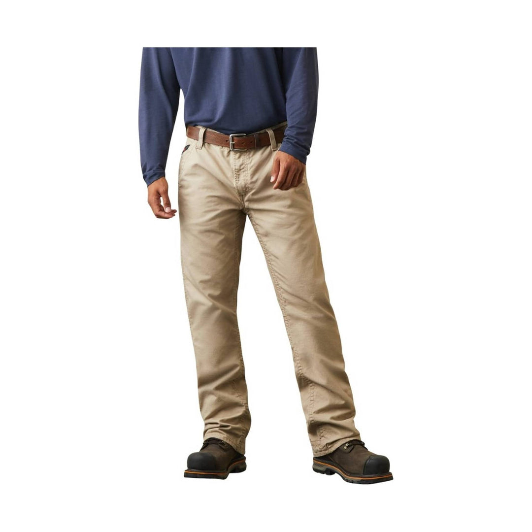 Khaki boot-cut work pants with belt, shown on a model with dark work boots