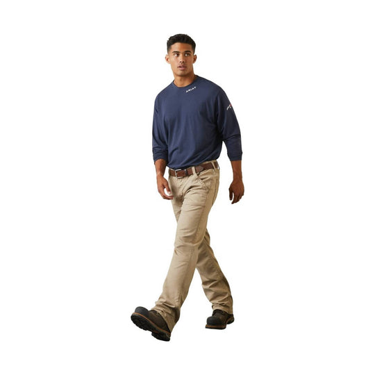 Khaki boot-cut work pants worn with a belt, shown on a model walking