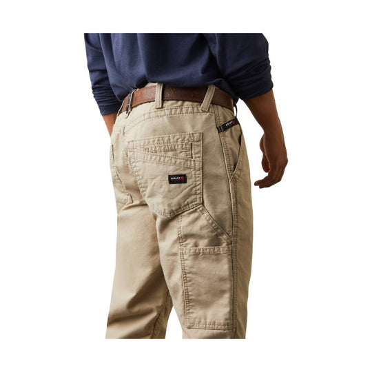 Khaki work pants with reinforced back pockets and a brown belt, shown from the back