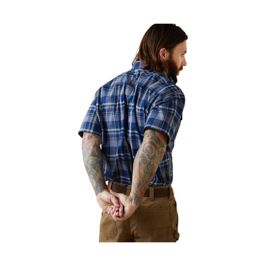 Blue plaid short-sleeve work shirt shown from the back