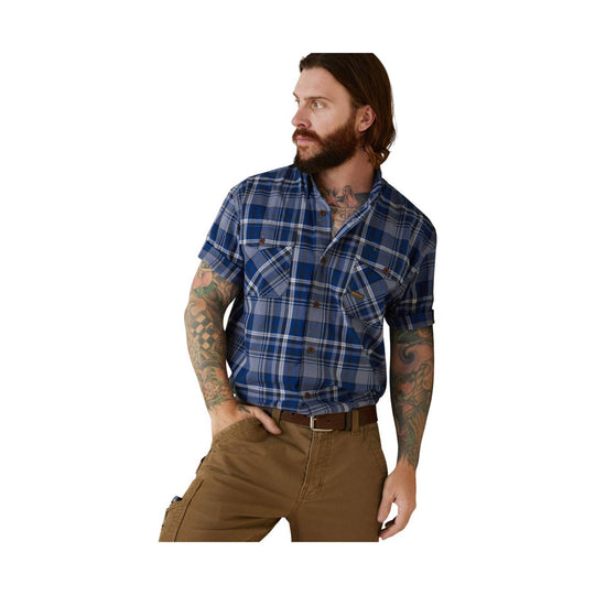 Blue plaid short-sleeve button-up work shirt with chest pockets