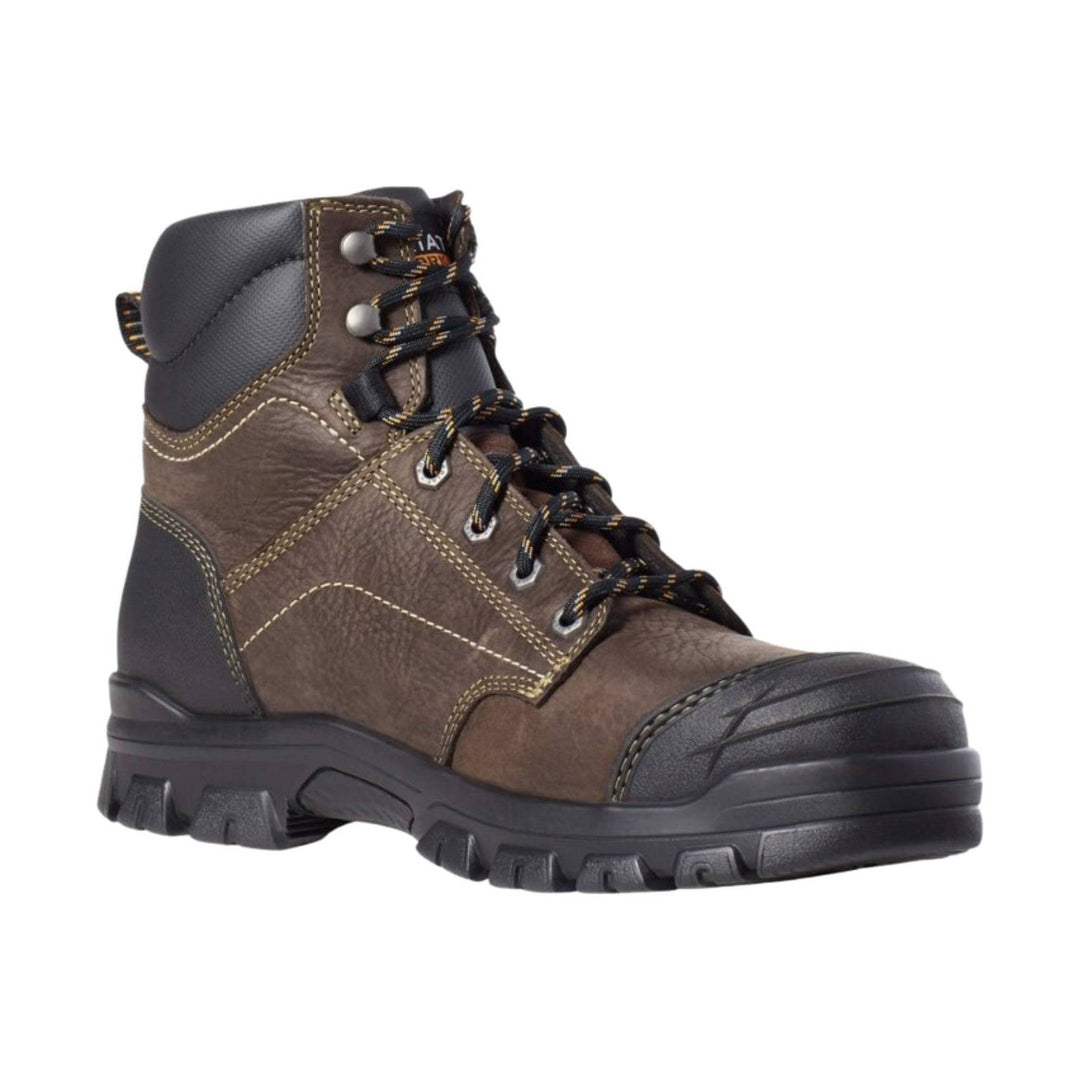 Brown and black lace-up work boot with reinforced toe and lug sole