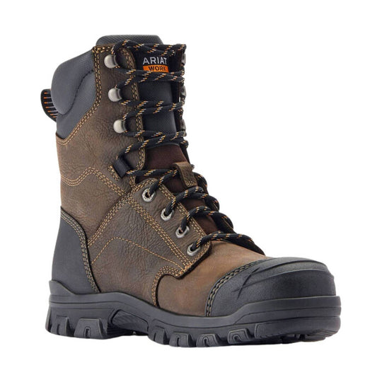 Brown lace-up work boot with black toe cap, thick tread sole, and padded collar