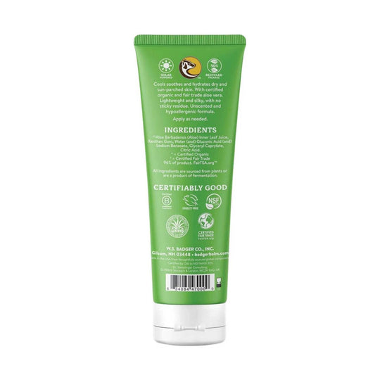 Green squeeze tube of aloe gel with white cap, shown from the back