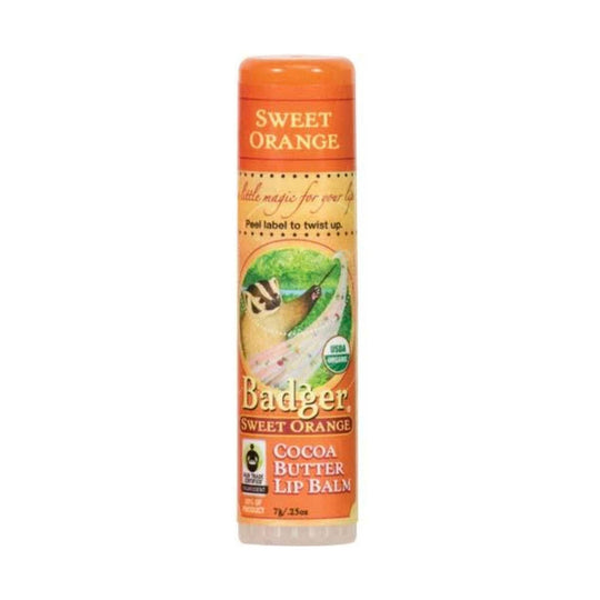 Orange lip balm tube with a twist-up base and label art