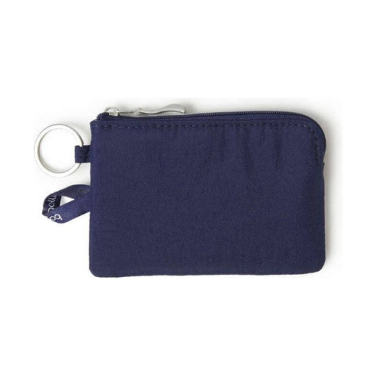 Navy zippered card pouch with a metal key ring and fabric pull tab