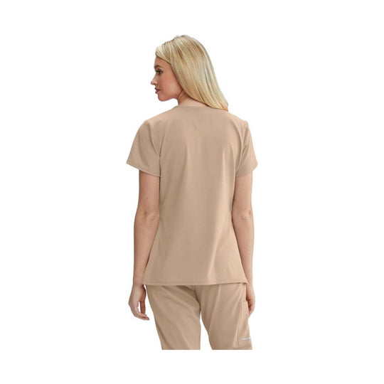 Beige short-sleeve scrub top shown from the back