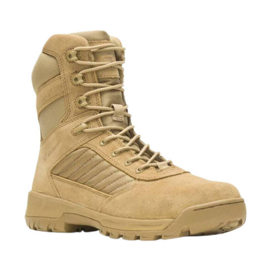 Tan lace-up tactical boot with mesh panels, padded collar, and rugged tread sole