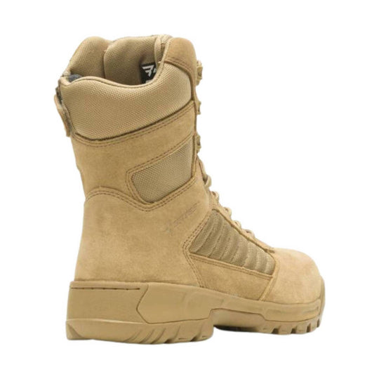 Tan tactical work boot shown in side view with a padded collar, mesh panels, and rugged lug sole