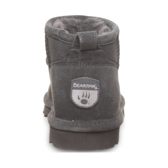 Gray short suede boot with faux-fur lining and a front logo patch