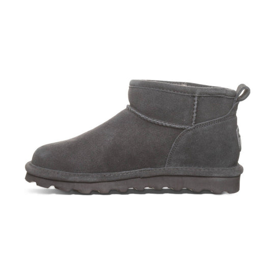 Dark gray suede ankle boot with pull tab and thick lug sole, side view