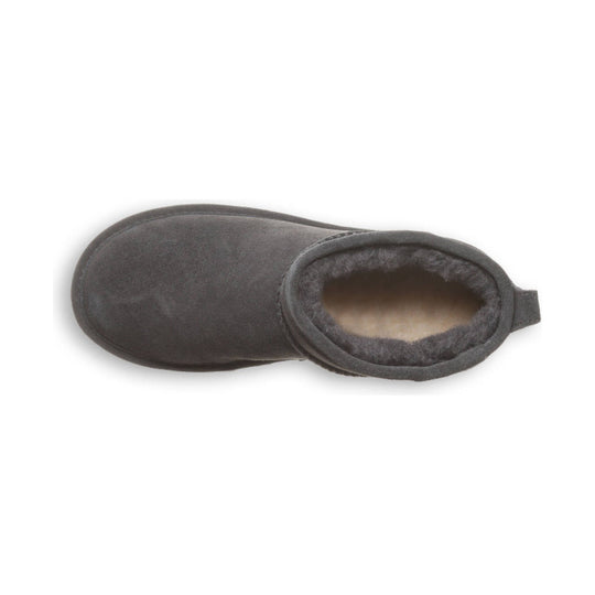 Dark gray suede ankle boot with a fuzzy shearling lining, shown from above on a white background
