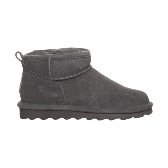 Dark gray suede ankle boot with fleece lining and thick ridged sole, side view