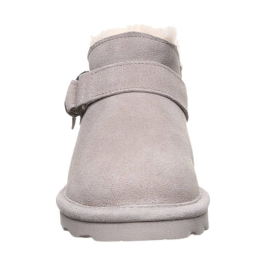 Light gray suede ankle boot with a buckle strap and faux fur cuff