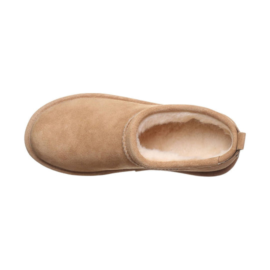 Tan suede slip-on boot with faux-fur lining, shown from above