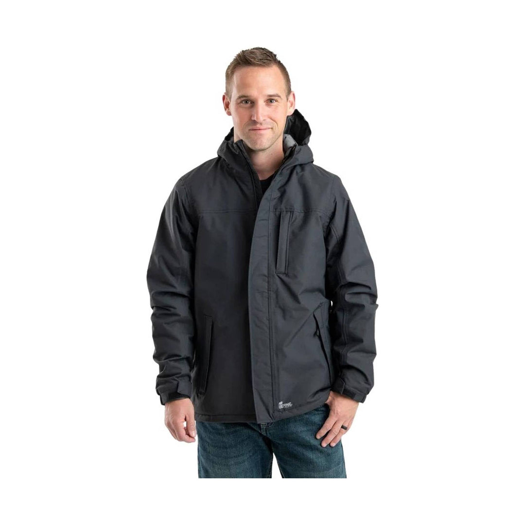 Black hooded waterproof jacket with front zipper, chest pocket, and side pockets