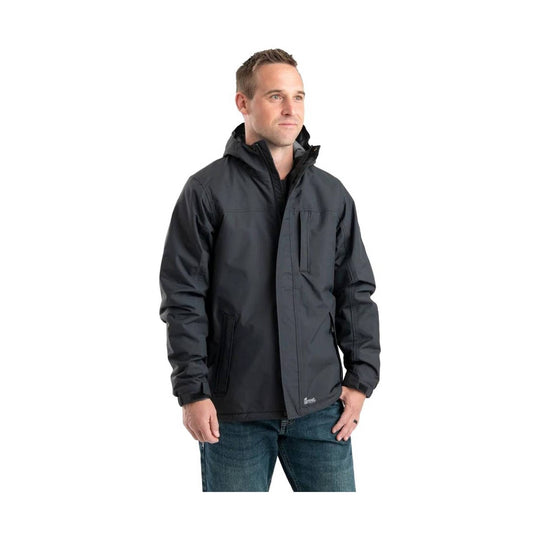 Black hooded waterproof jacket with zip front and chest pocket, worn with jeans