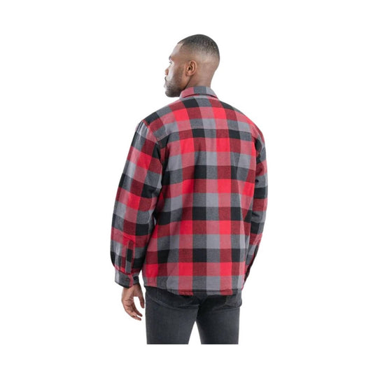 Plaid long-sleeve button-up shirt shown from the back