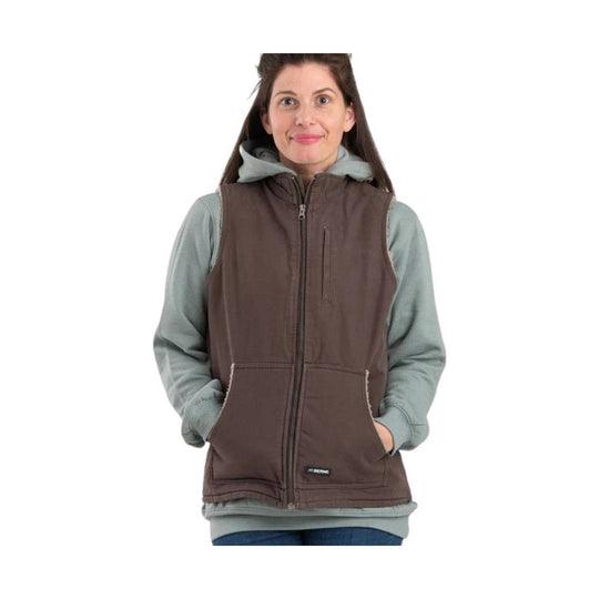 Woman modeling a brown zip-front hooded vest over a light gray hoodie with front pockets