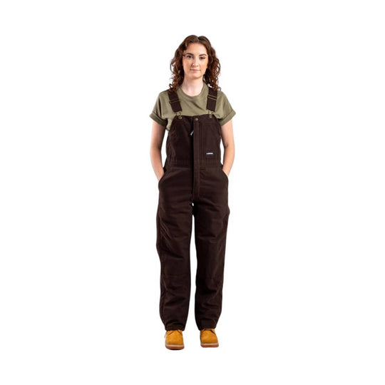 Brown insulated bib overalls over an olive T-shirt, shown full length with front pockets and shoulder straps