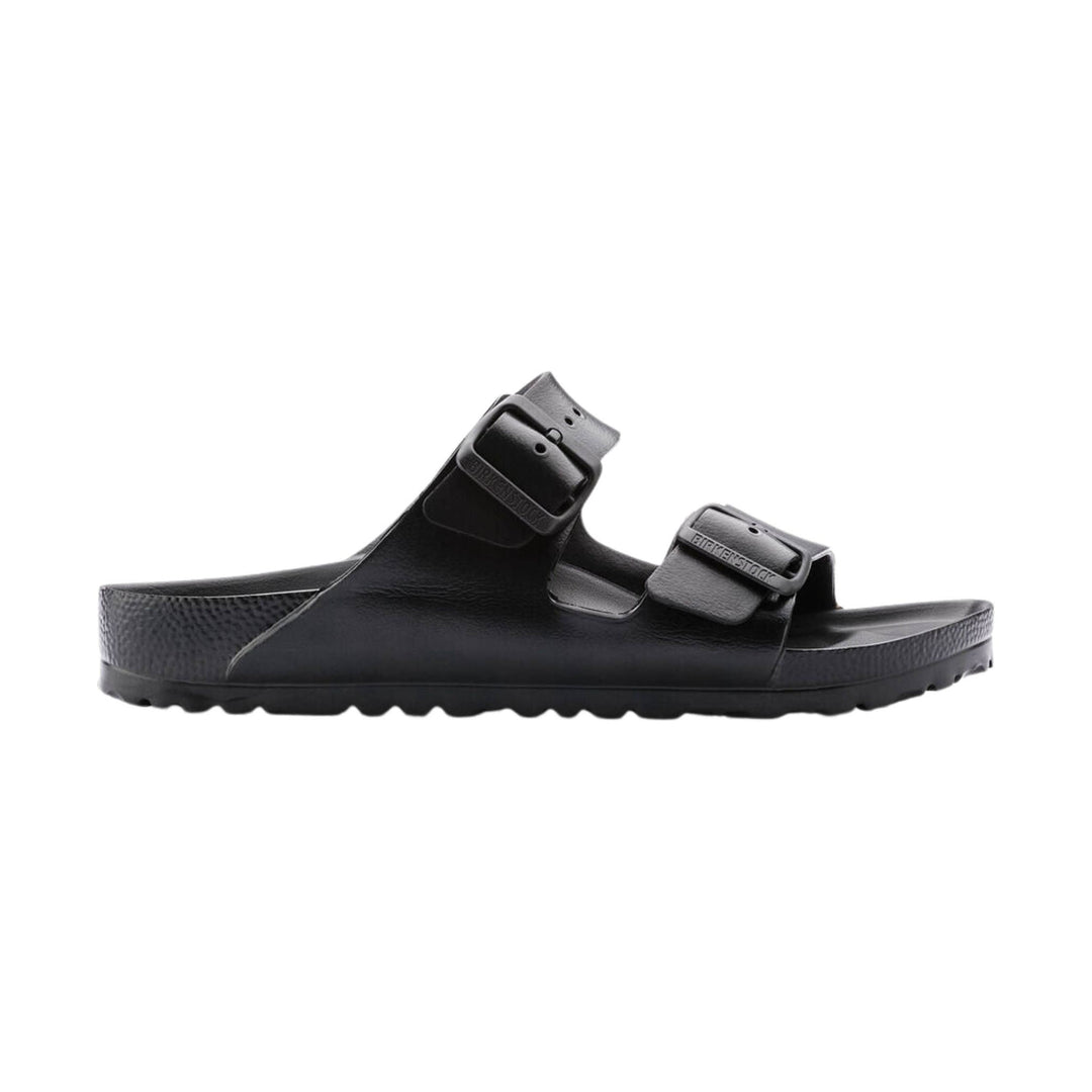 Black two-strap slide sandal with contoured footbed and molded buckles
