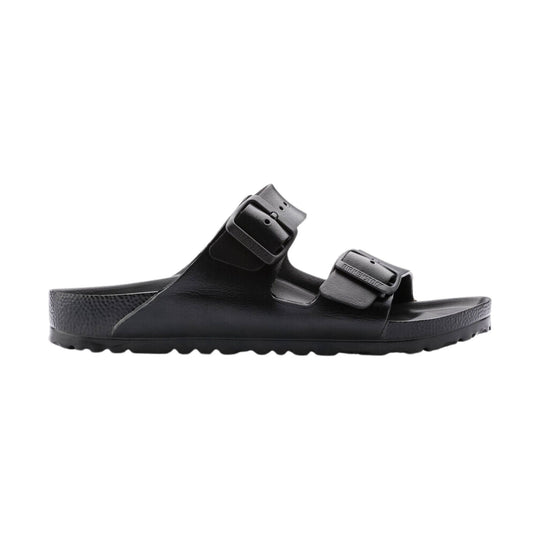 Black two-strap slide sandal with contoured footbed and molded buckles