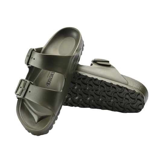 Olive EVA slide sandals with two buckled straps and textured soles
