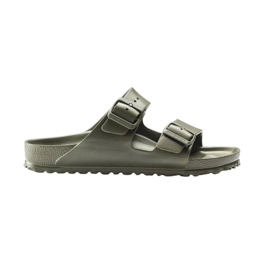 Khaki two-strap molded slide sandal with buckle details and treaded sole