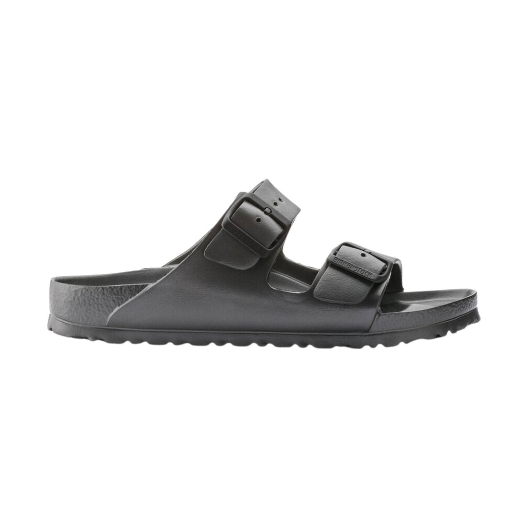 Black two-strap EVA slide sandal with contoured footbed, side view