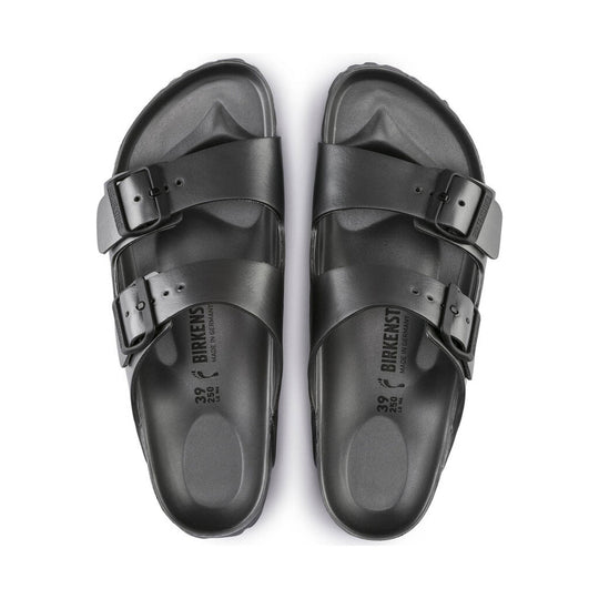 Pair of dark gray double-strap EVA sandals with buckle details, top view