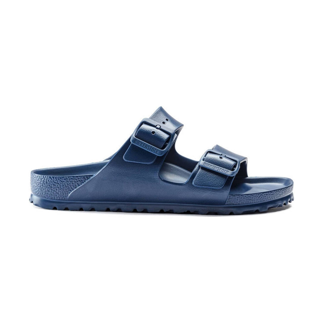 Navy two-strap slide sandal with buckles, molded footbed, and lugged sole