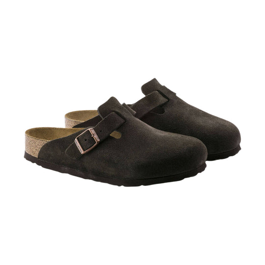 Dark brown suede clogs with adjustable buckled straps and cork footbeds