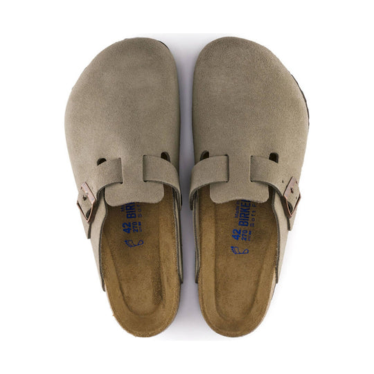 Pair of taupe suede clogs with adjustable buckles, top view